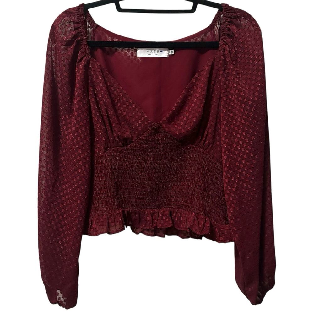 ASTR The‎ Label Wine Red Smocked Long Sleeve Crop Blouse Women's M Holiday Boho